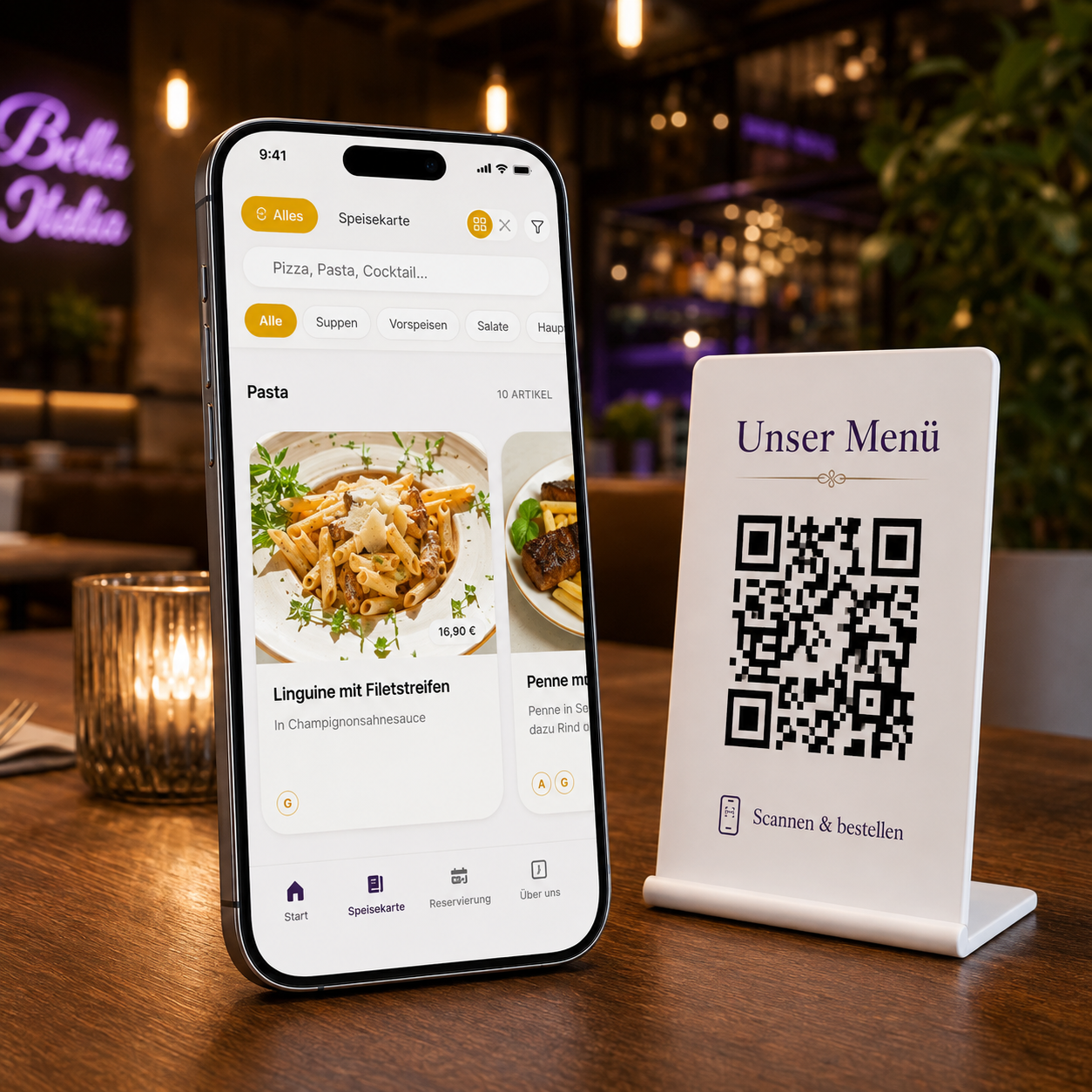Millavi digitales Menü auf dem iPhone mit QR-Code-Aufsteller im Restaurant