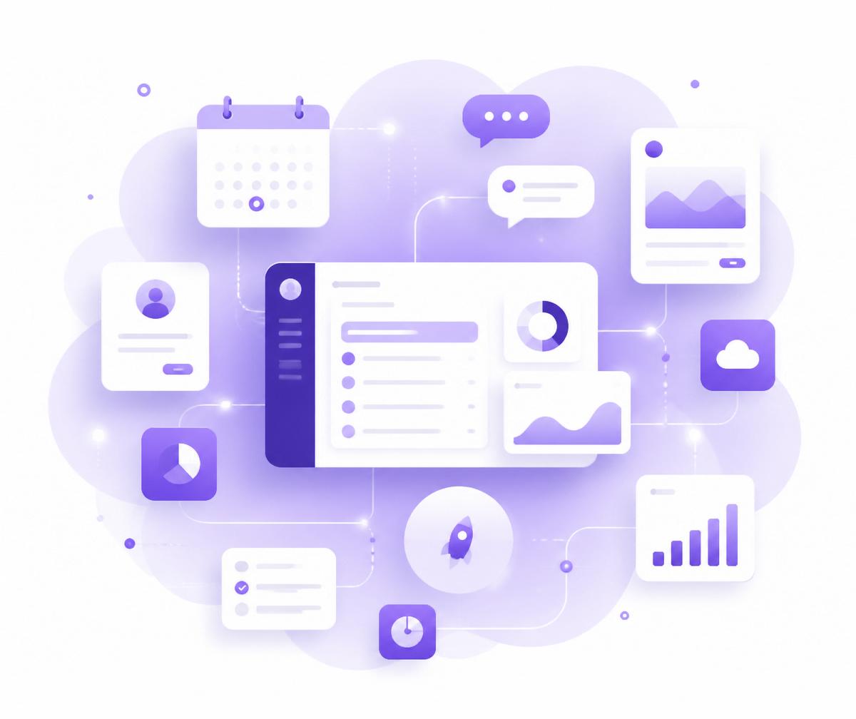 Illustration einer modernen SaaS-Plattform mit Kalender, Chats und Analytics