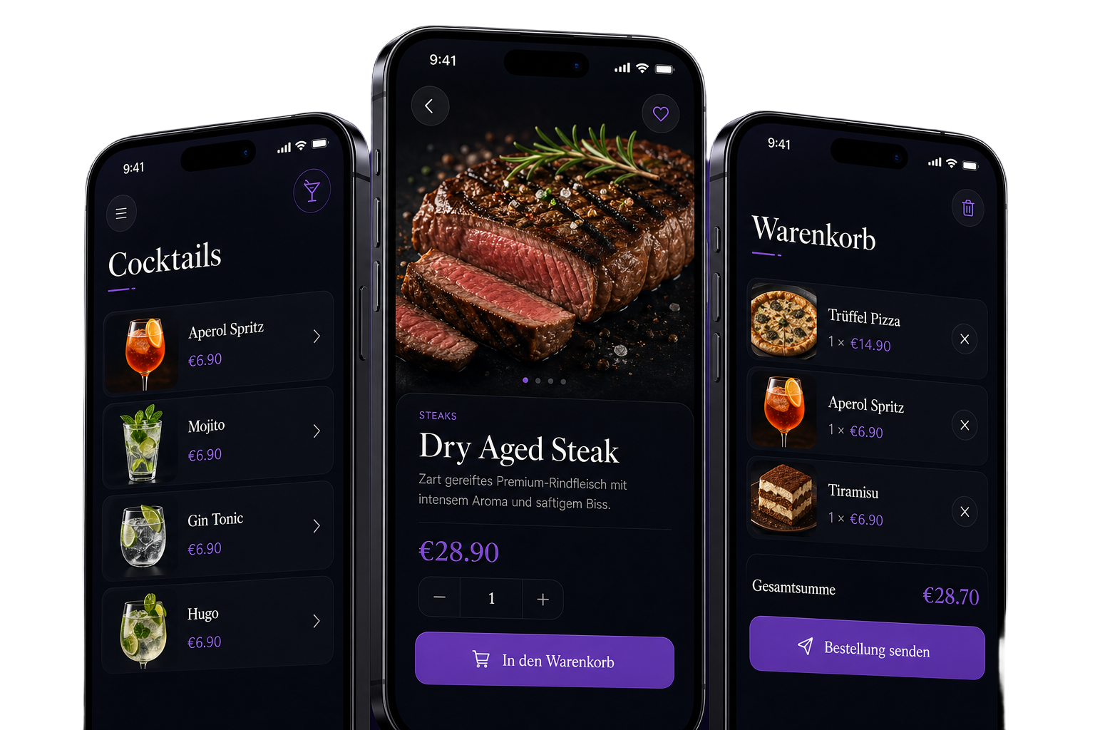 Three Millavi app screens: cocktails menu, steak detail and cart